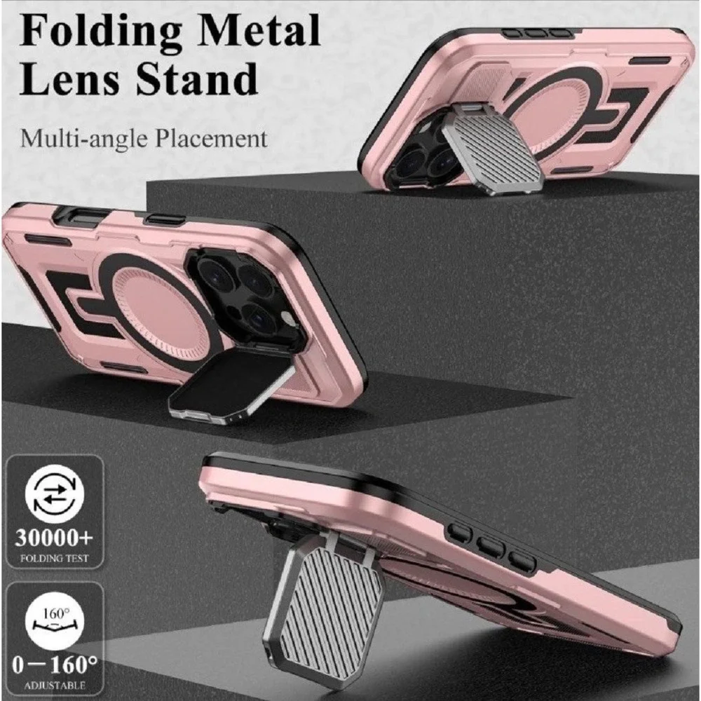 MMHUO iPhone 16 Pro Case MagSafe Military Heavy Duty Camera Stand Rose Gold NIB